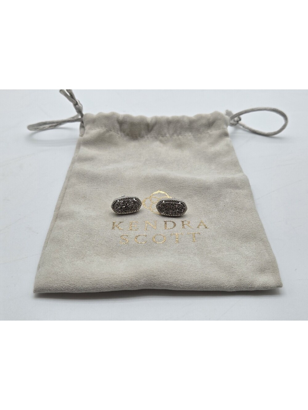 Kendra Scott Silver Tone Gray Druzy Oval Stud Earrings Post Back with Pouch